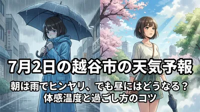 7月2日の越谷市の天気予報｜朝は雨でヒンヤリ、でも昼にはどうなる？体感温度と過ごし方のコツ