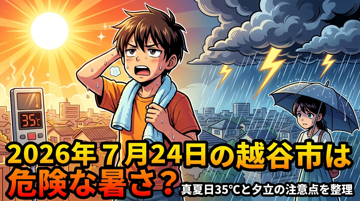 2026年7月24日の越谷市は危険な暑さ?真夏日35℃と夕立の注意点を整理