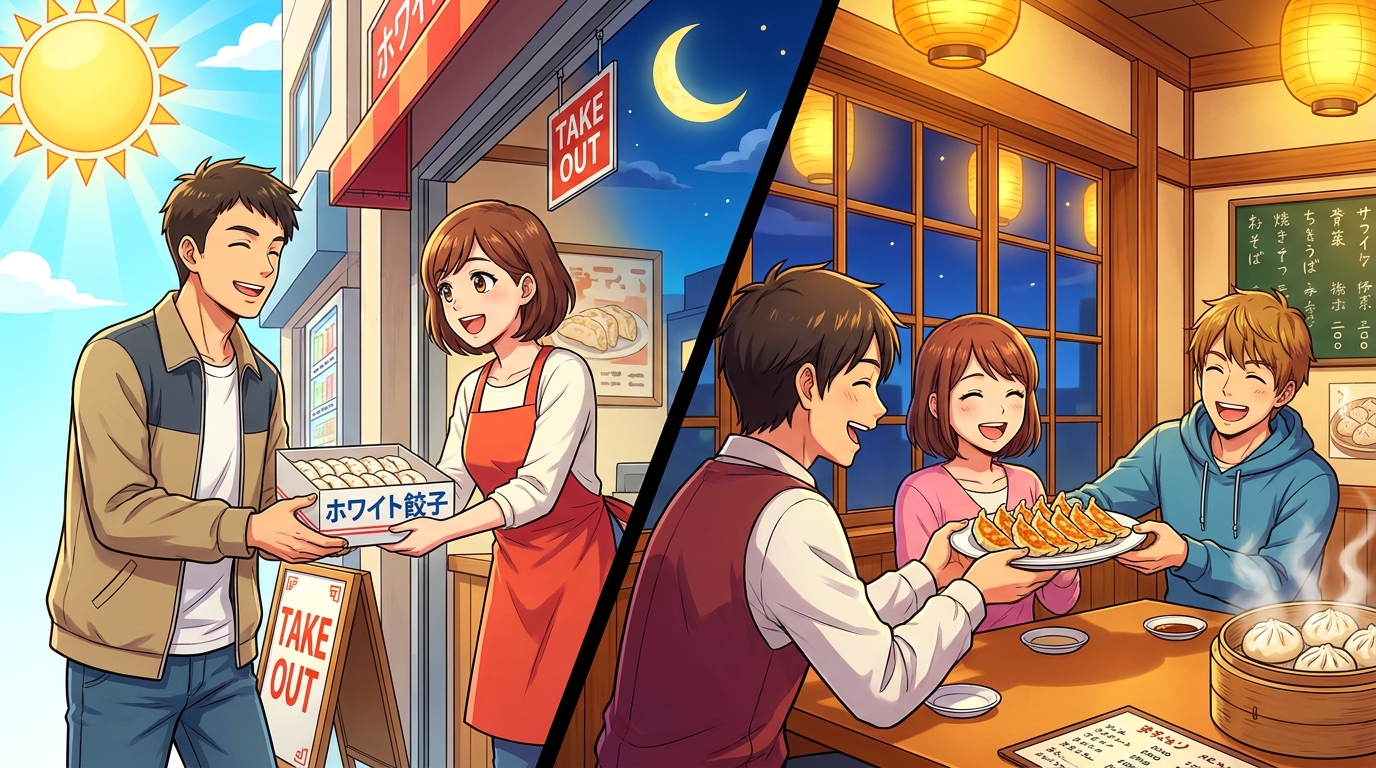 越谷のホワイト餃子は「昼は持ち帰り、夜は店内」で楽しめるお店です