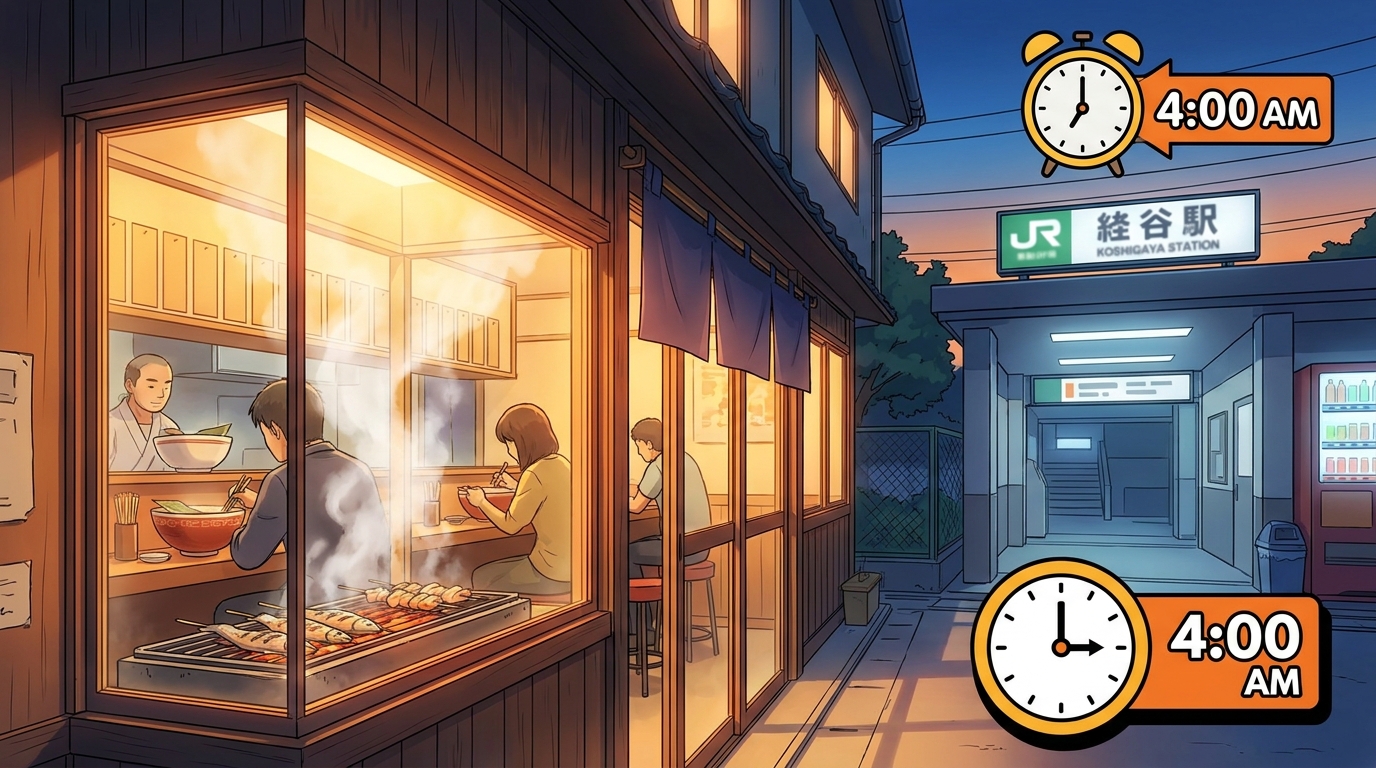 駅改札すぐで朝4時から使える焼き魚定食のお店です